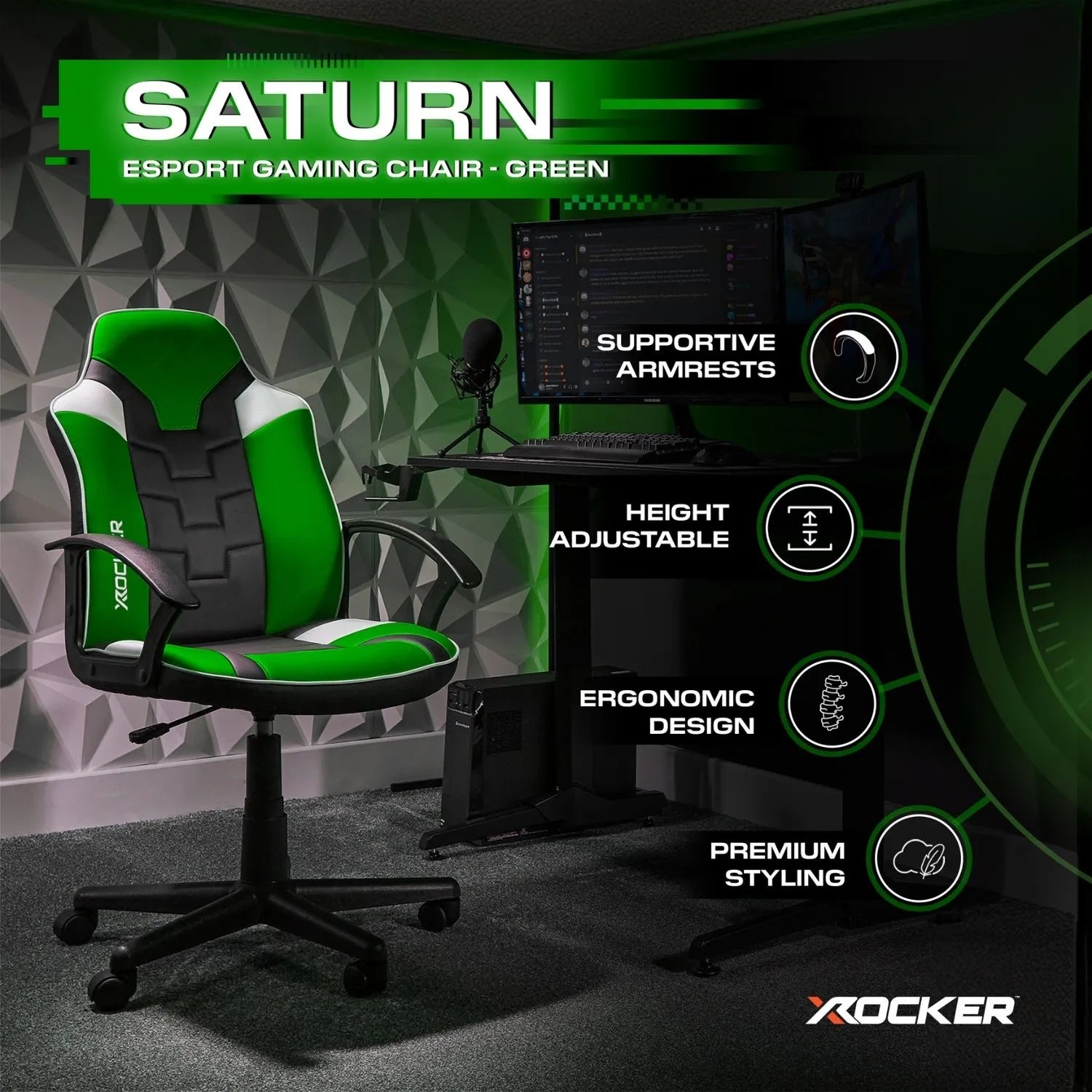 Green gaming chair with X rocker branding in a setup with monitors and equipment.