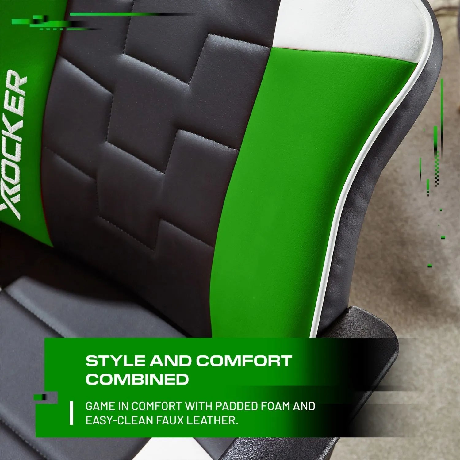 Gaming chair with green and black design, featuring the X rocker brand.