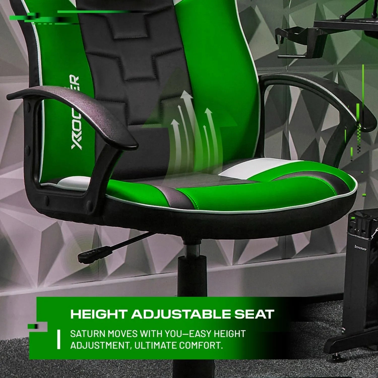 Green and black gaming chair with height adjustable seat feature on a geometric patterned background.