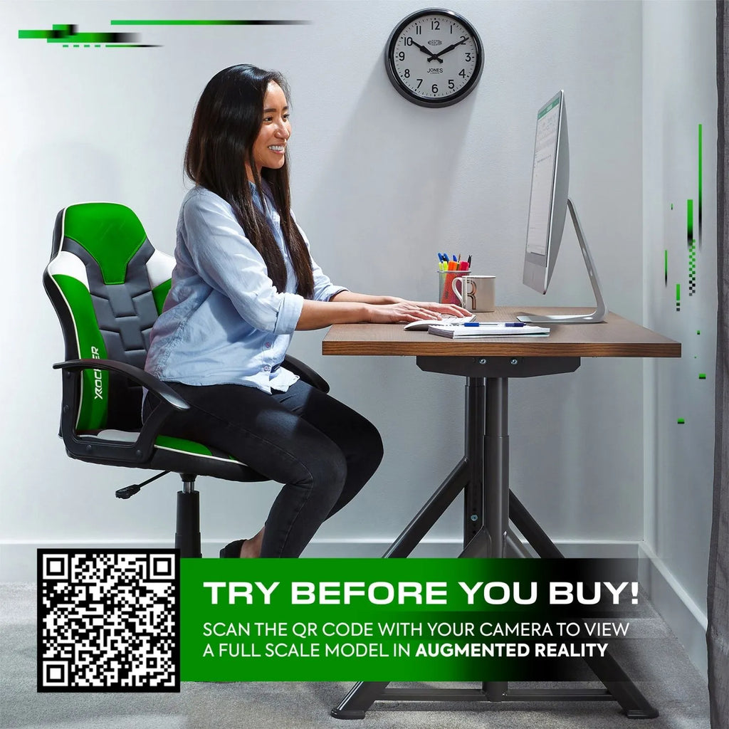 Woman sitting at a desk with a computer, surrounded by office supplies, with a QR code for augmented reality on a white background.