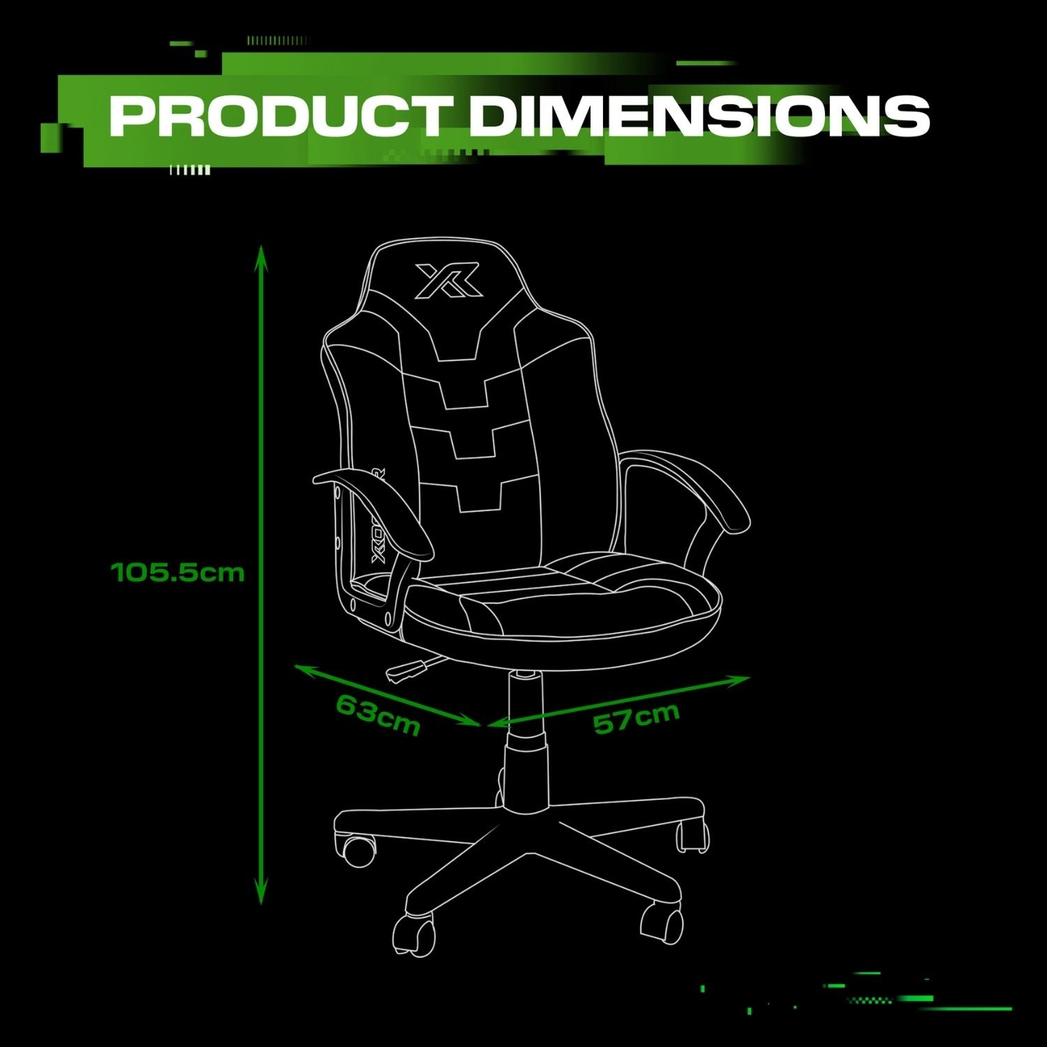 Gaming chair with dimensions labeled on a black background