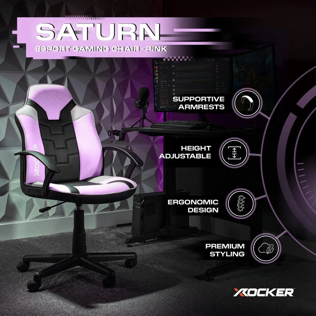 Gaming chair with pink accents in a gaming setup, featuring X rocker branding.