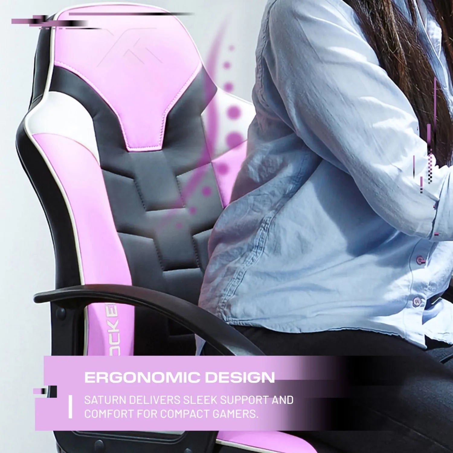 Person sitting on a pink and black gaming chair with ergonomic design text overlay.