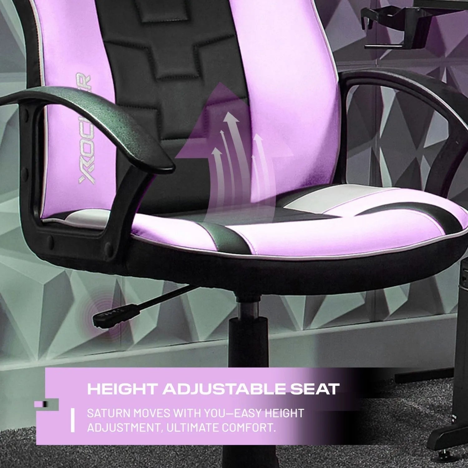 Gaming chair with pink and black design on a geometric patterned background