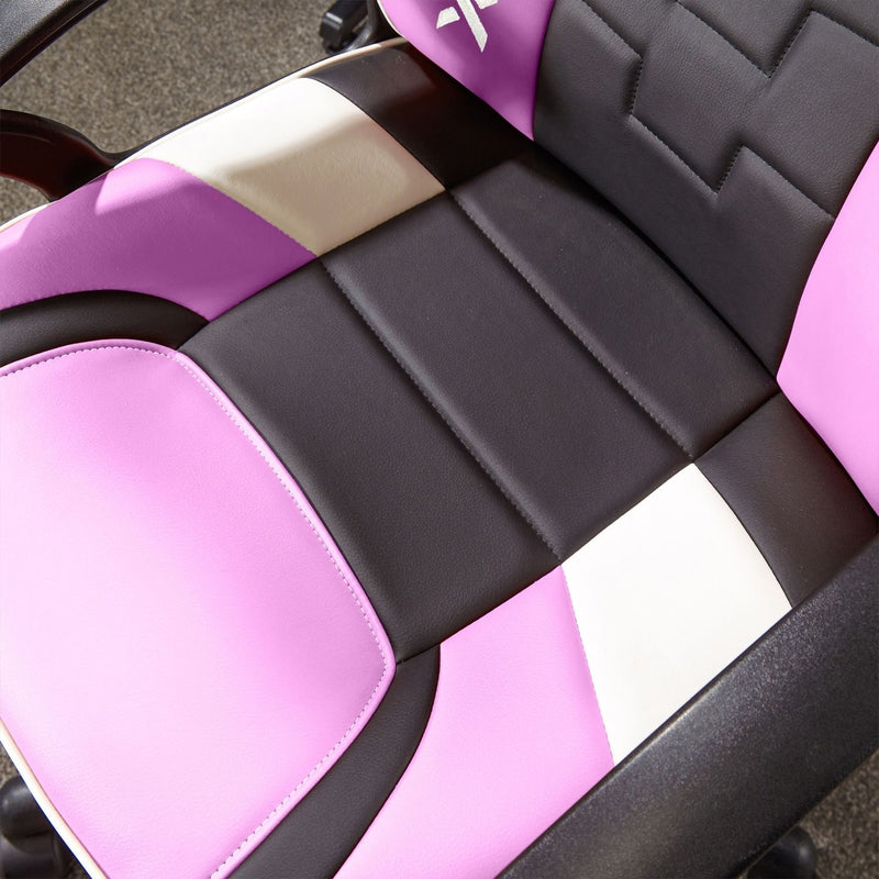 Close-up of a pink and black office chair with X Rocker brand logo.