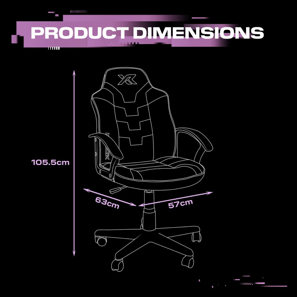 Gaming chair with dimensions labeled on a black background