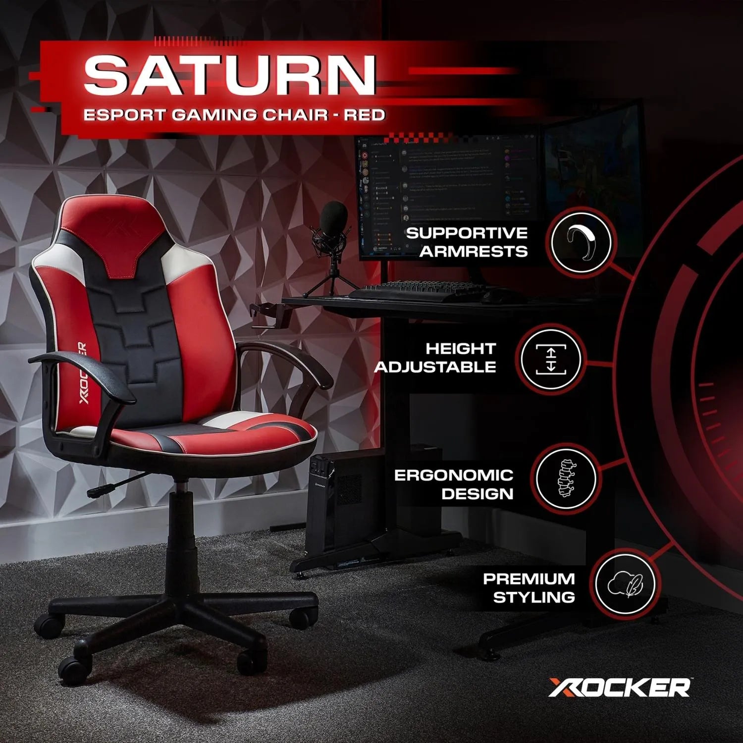 Red and black gaming chair with features highlighted on a dark background, featuring X rocker branding.