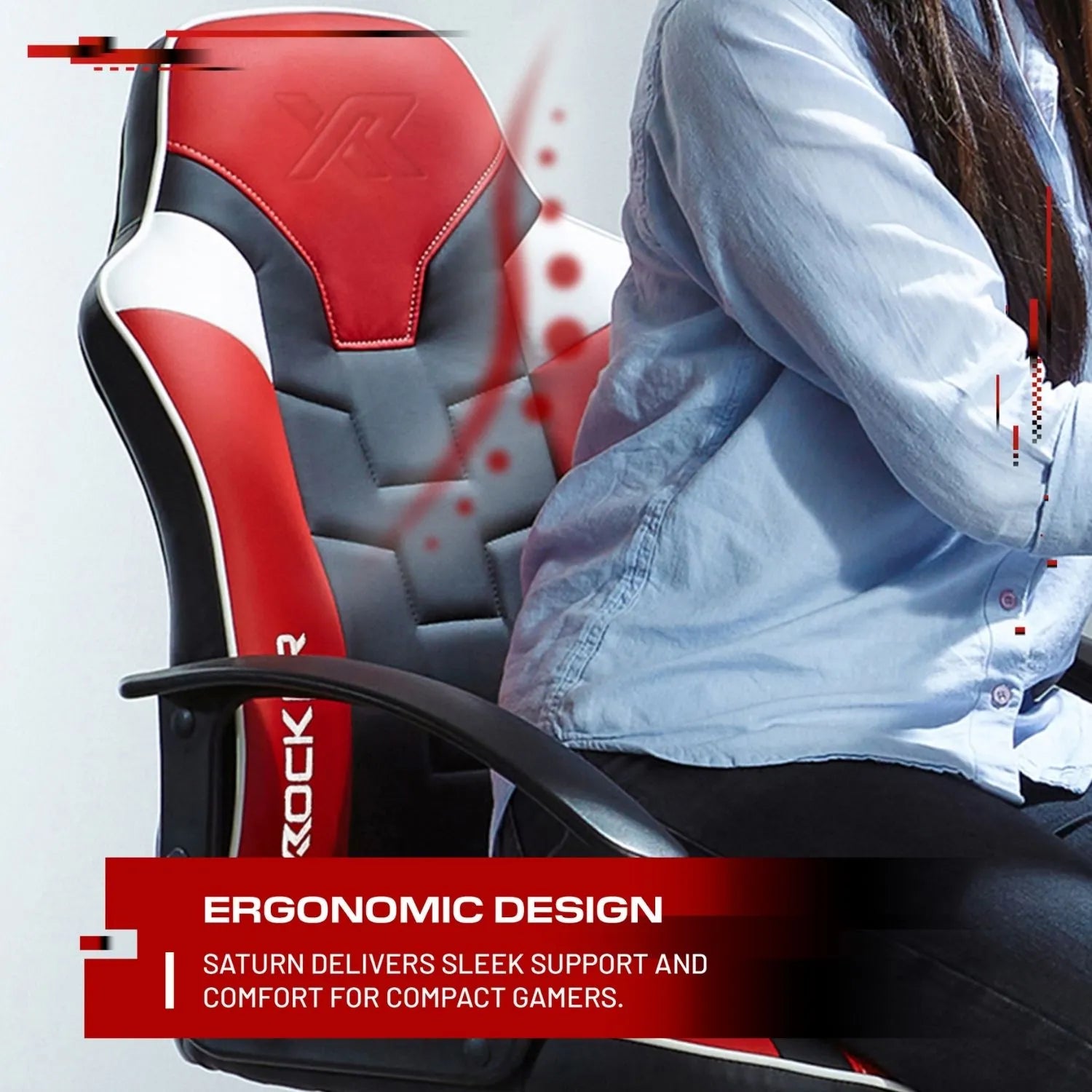 Gaming chair with ergonomic design features, text highlighting support and comfort for compact gamers.
