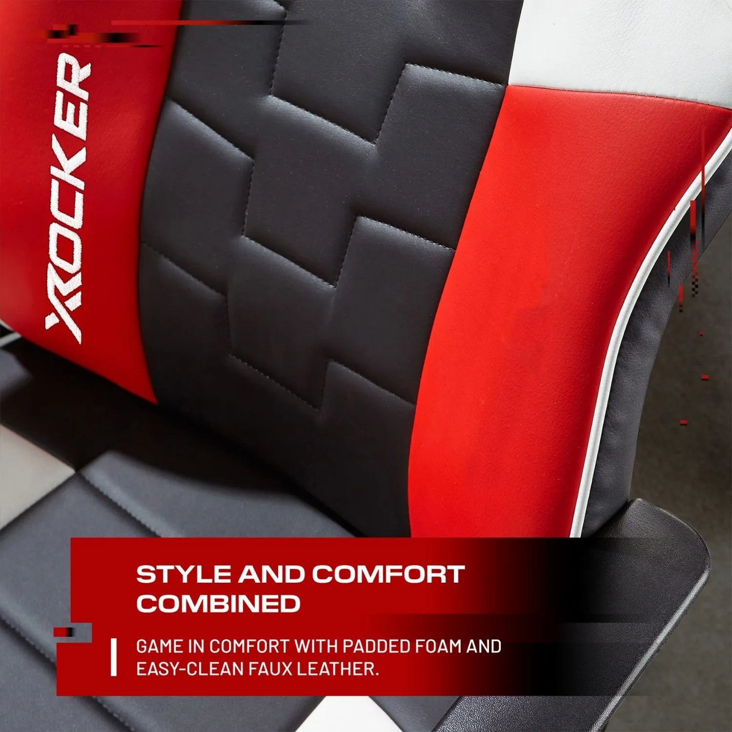Red, black, and white chair with 'X rocker' branding and promotional text.
