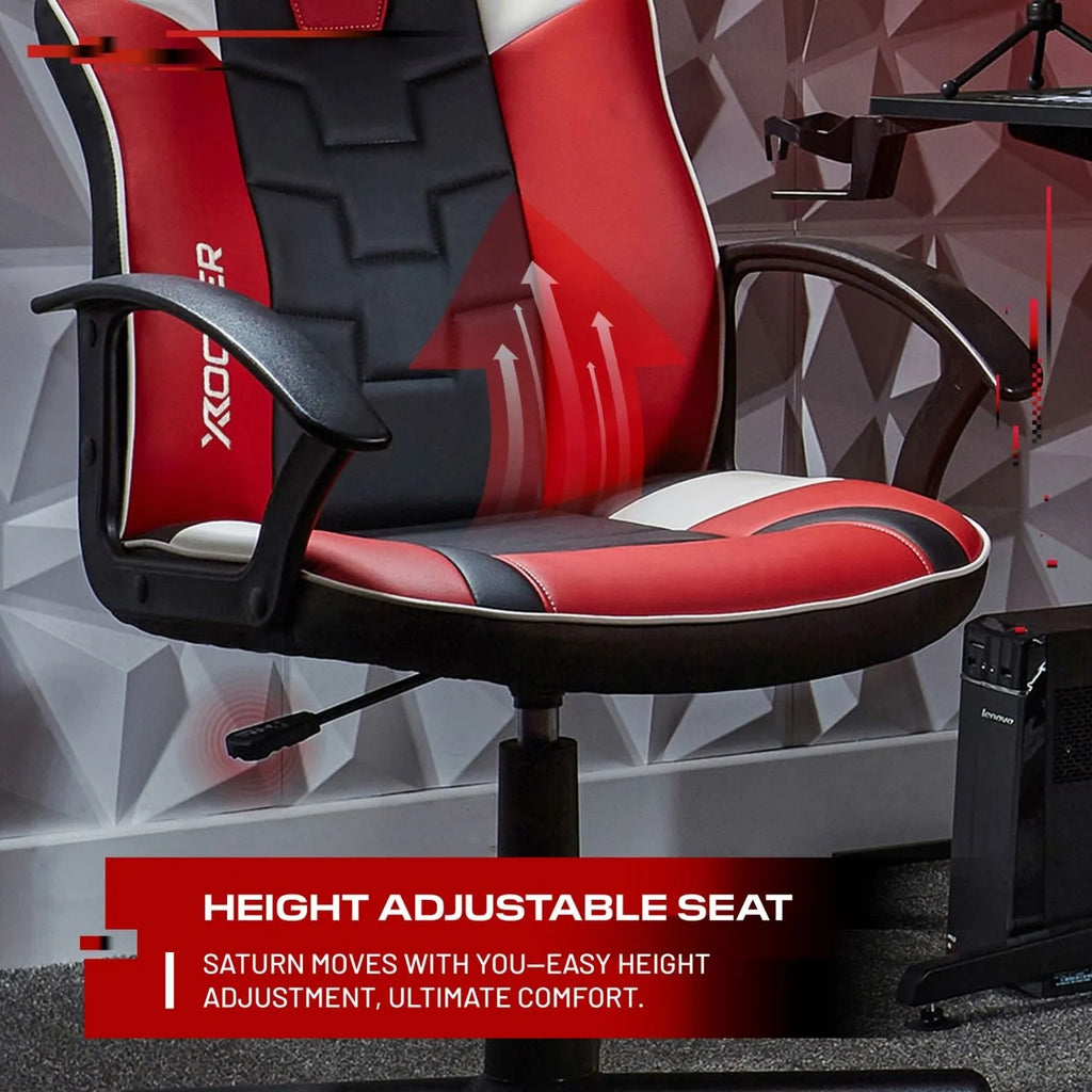 Red and black office chair with height adjustable seat feature on a geometric patterned background.
