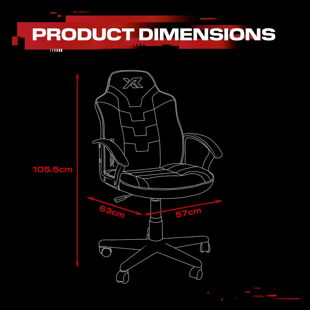 Gaming chair with dimensions labeled on a black background