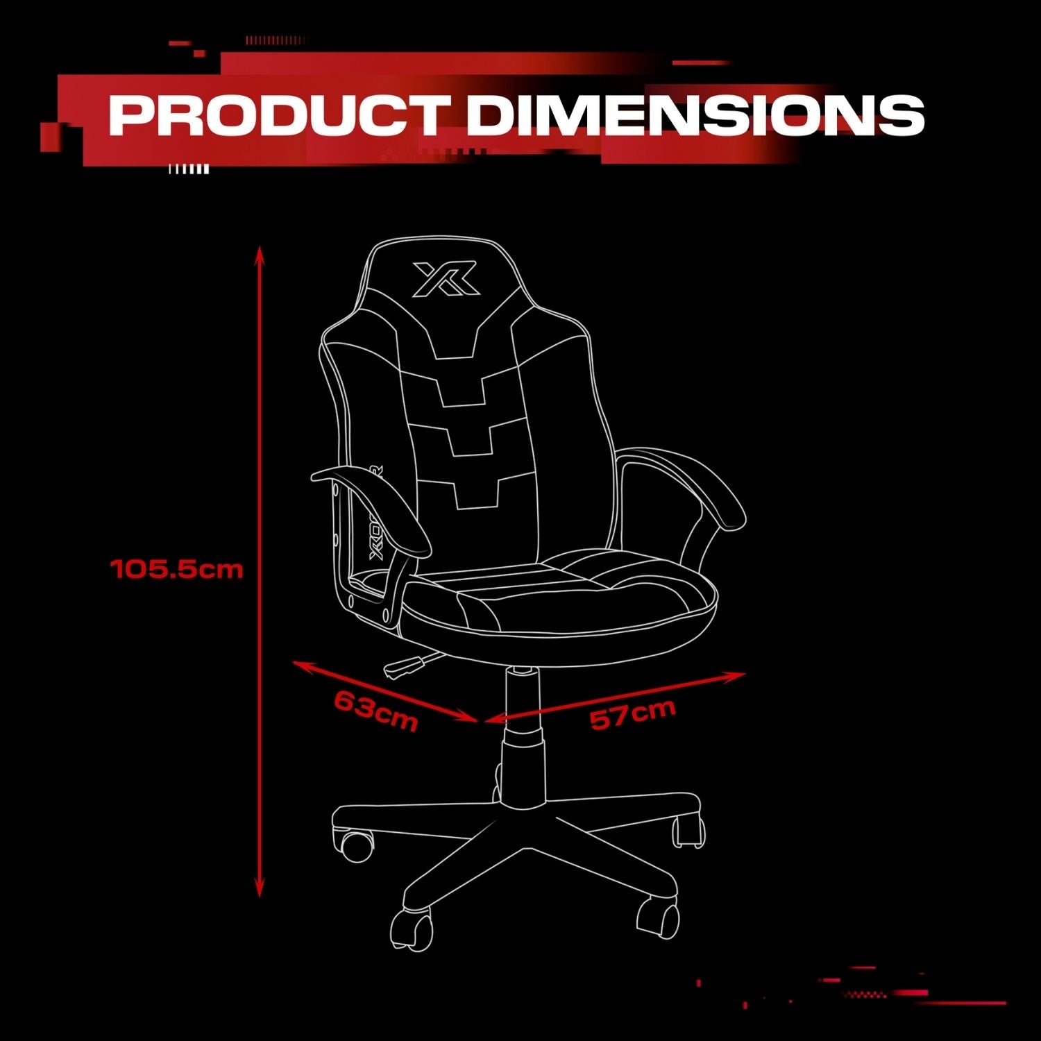 Gaming chair with dimensions labeled on a black background