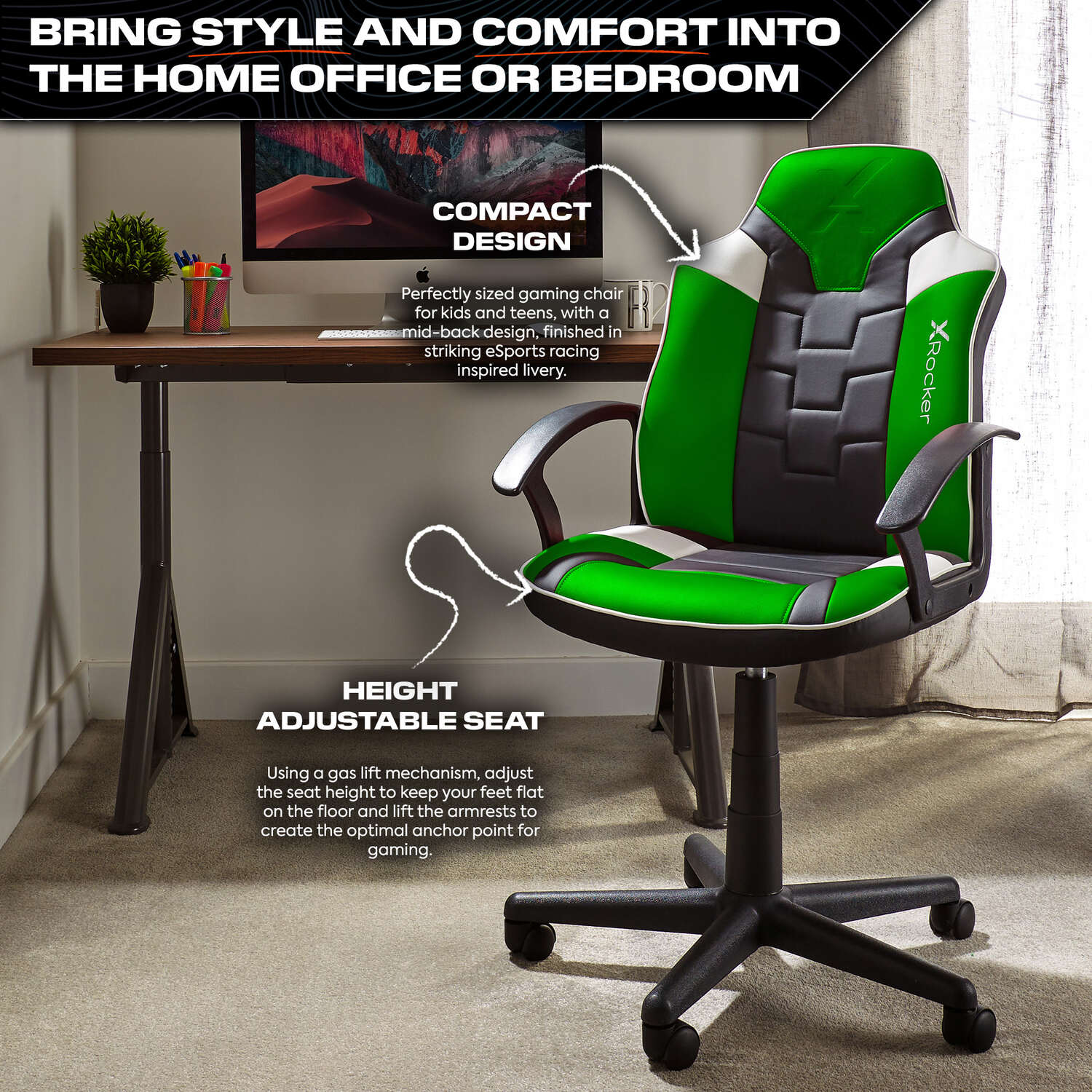 Saturn PC Office Gaming Chair - Black / Green | X Rocker UK