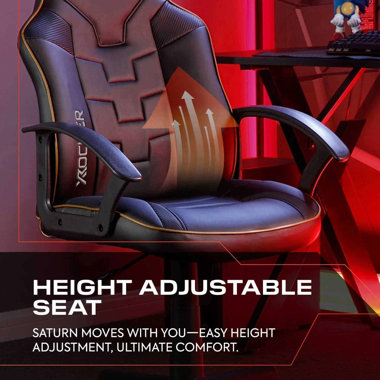 Gaming chair with height adjustable seat feature in a red-themed room.