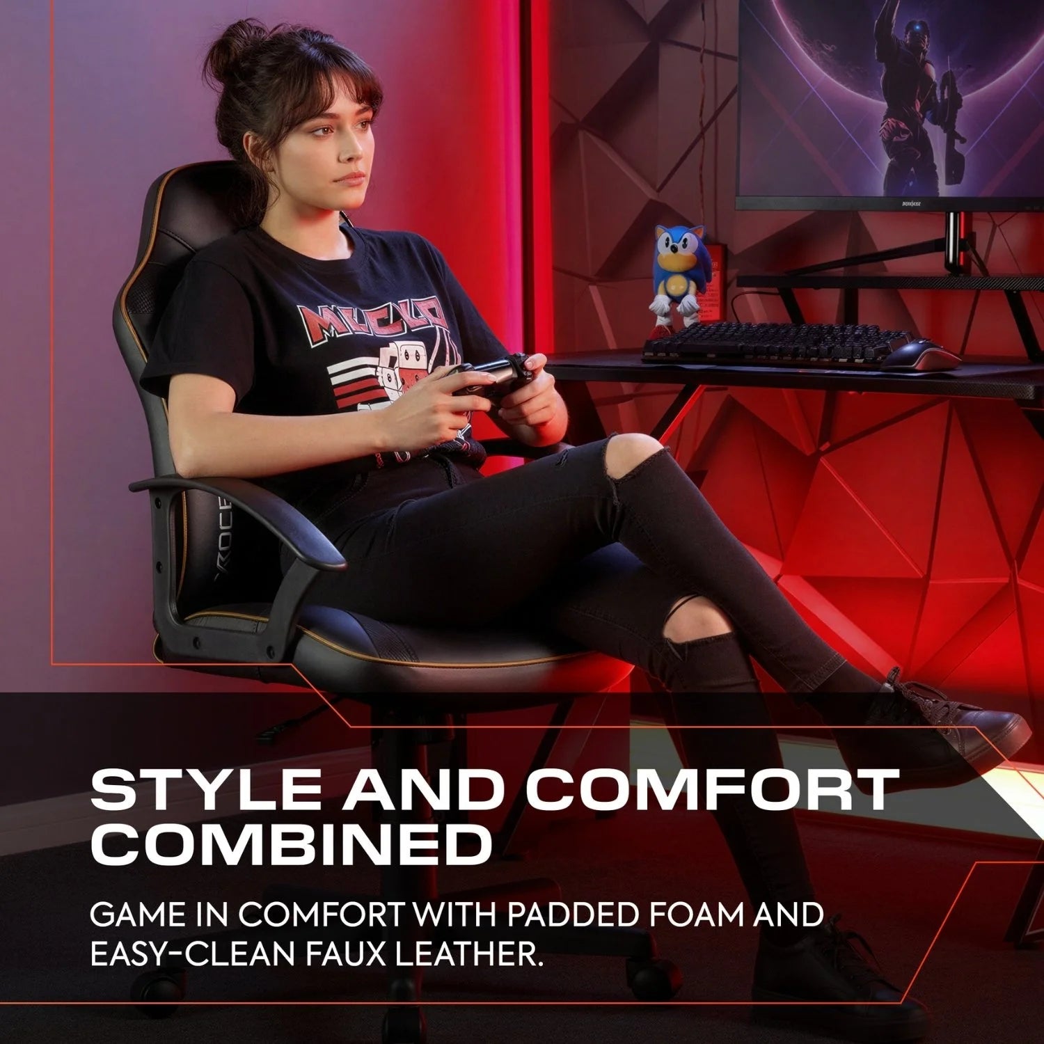 woman sitting in a x rocker gaming chair with text about comfort and style.