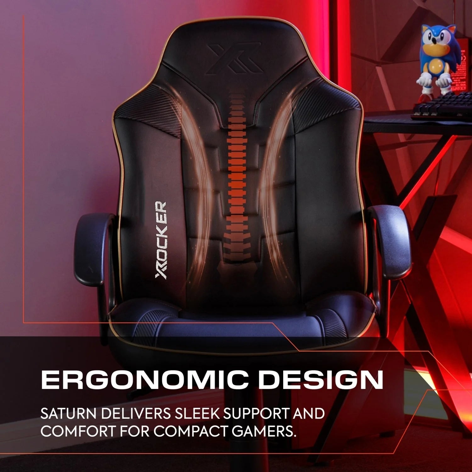 Gaming chair with ergonomic design features, brand 'X Rocker' visible, on a red-themed background.