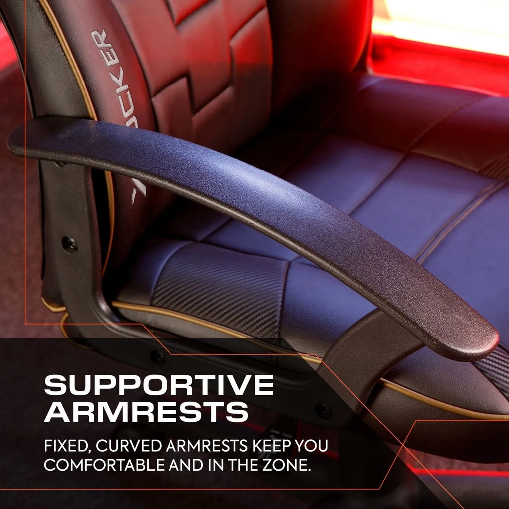Gaming chair with supportive armrests and red and black design.