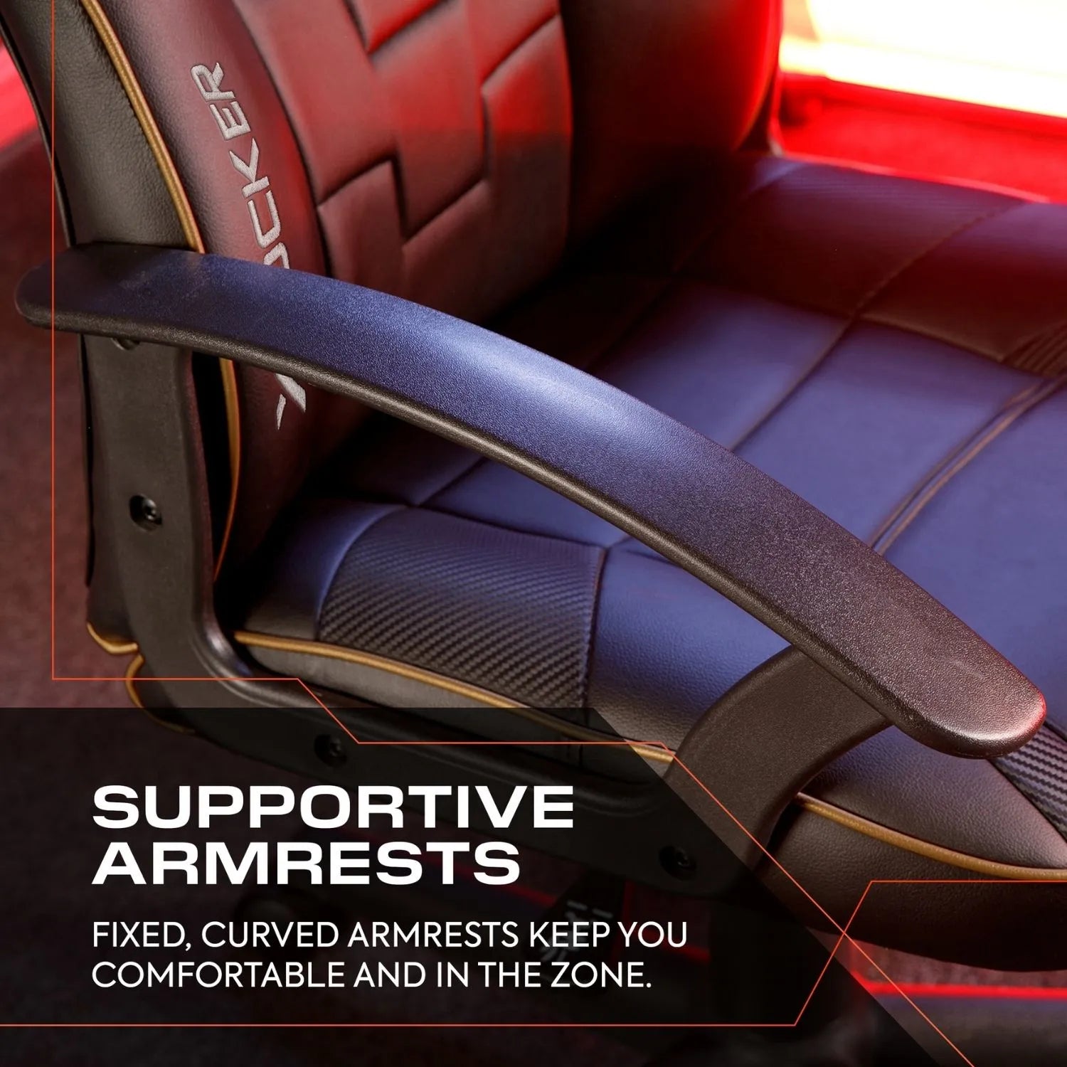 Gaming chair with supportive armrests and red and black design.
