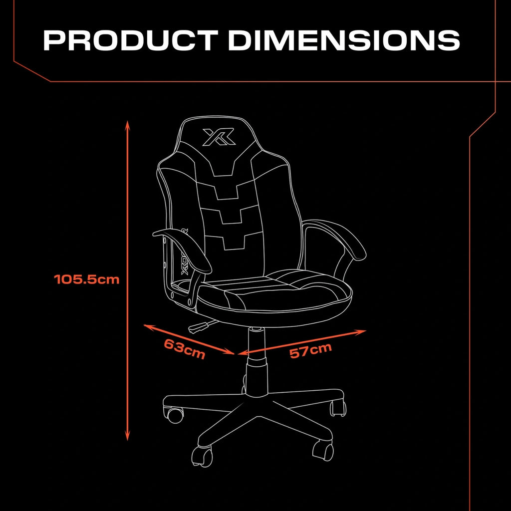 Gaming chair with dimensions labeled on a black background