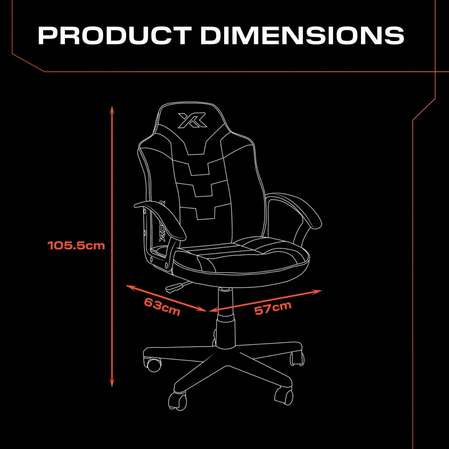 Gaming chair with dimensions labeled on a black background
