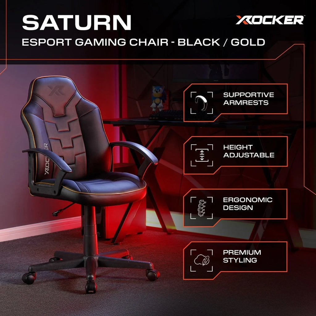 X rocker Saturn esports gaming chair with features highlighted in a room setting.