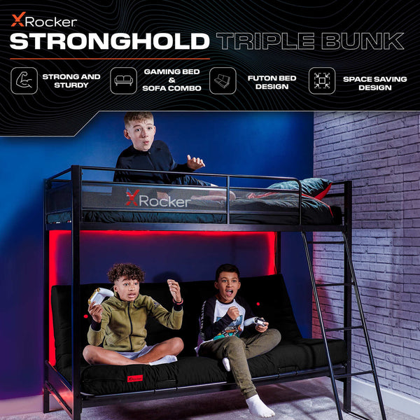 Stronghold Gaming Bunk Bed with Double Futon Cushion - Black