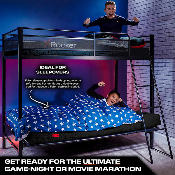 Stronghold Gaming Bunk Bed with Double Futon Cushion - Black