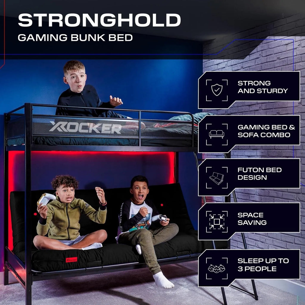 Gaming bunk bed with children playing video games, featuring the brand 'X rocker'.