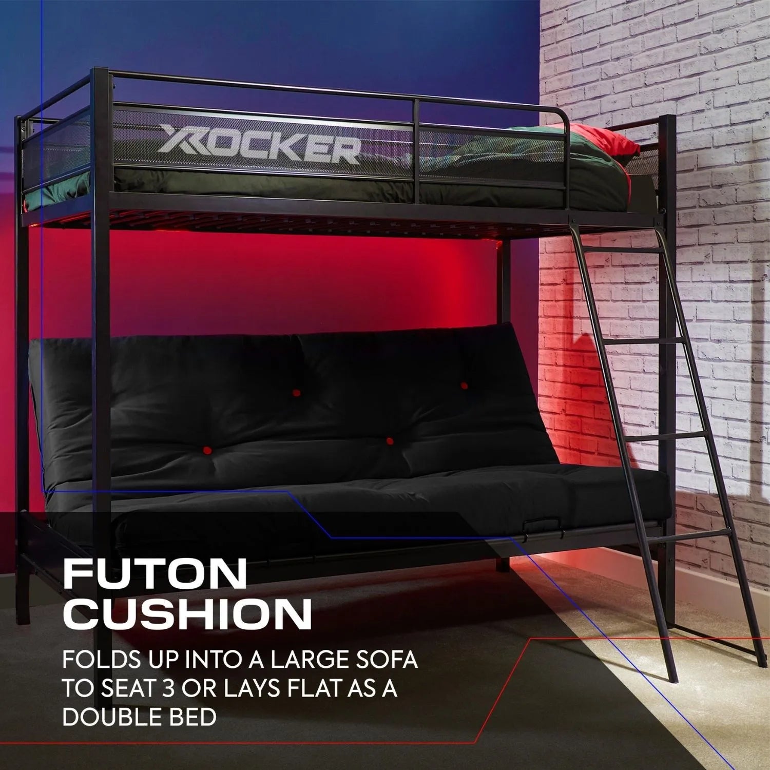 Black futon cushion with X rocker branding, folded up into a large sofa against a colorful wall.