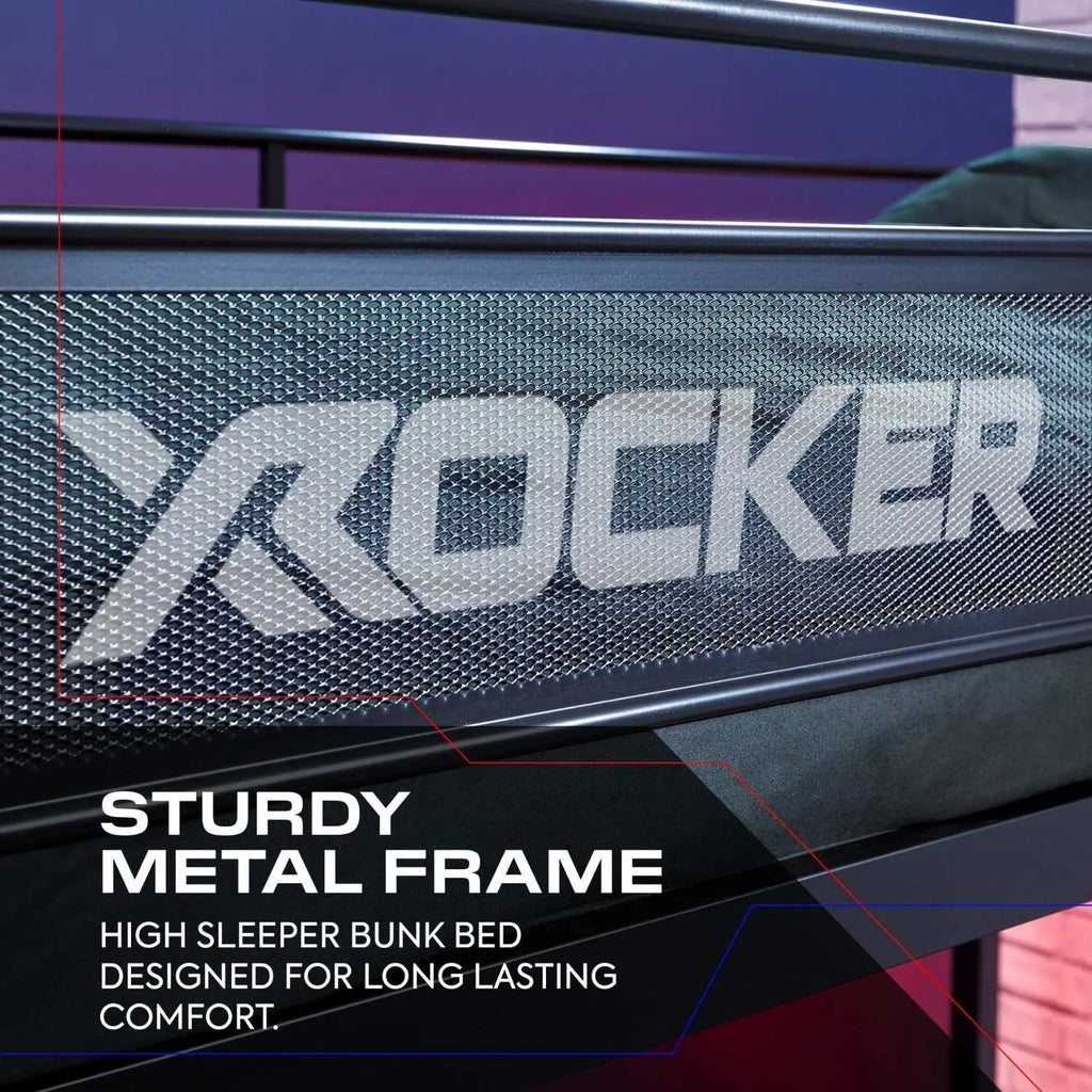 X rocker high sleeper bunk bed with metal frame and text on a dark background