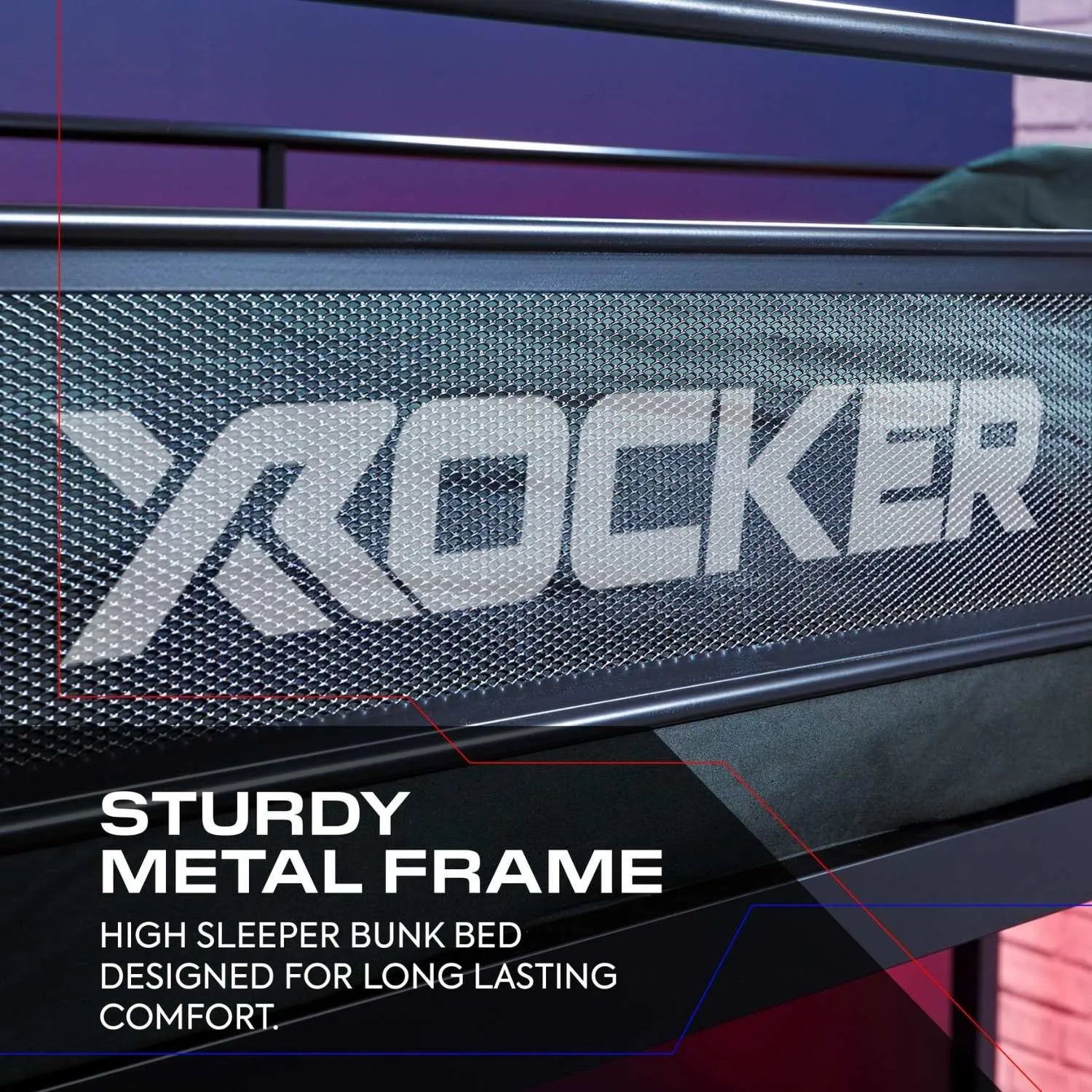 X rocker high sleeper bunk bed with metal frame and text on a dark background