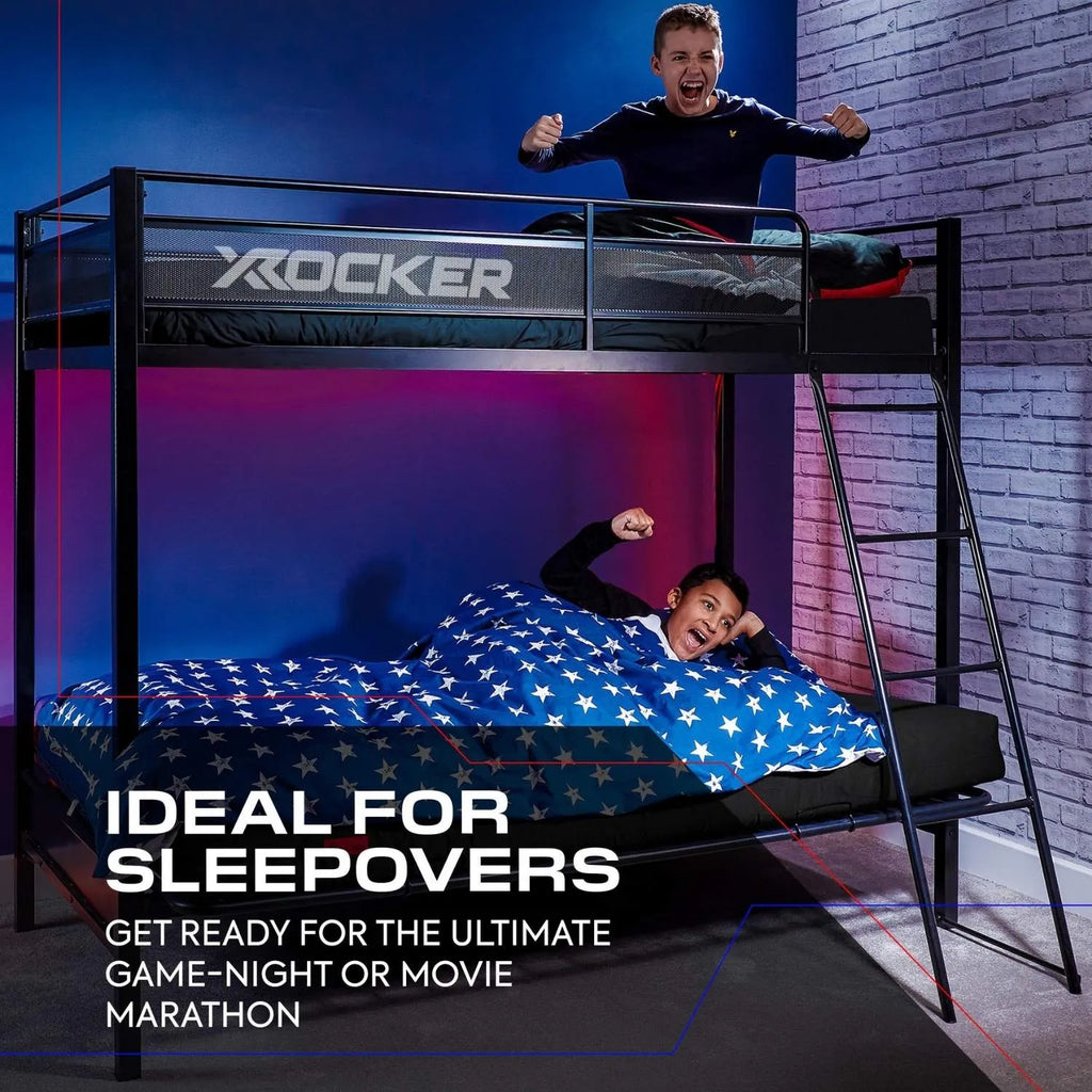 Bunk bed with X rocker branding, children playing, and promotional text about sleepovers.