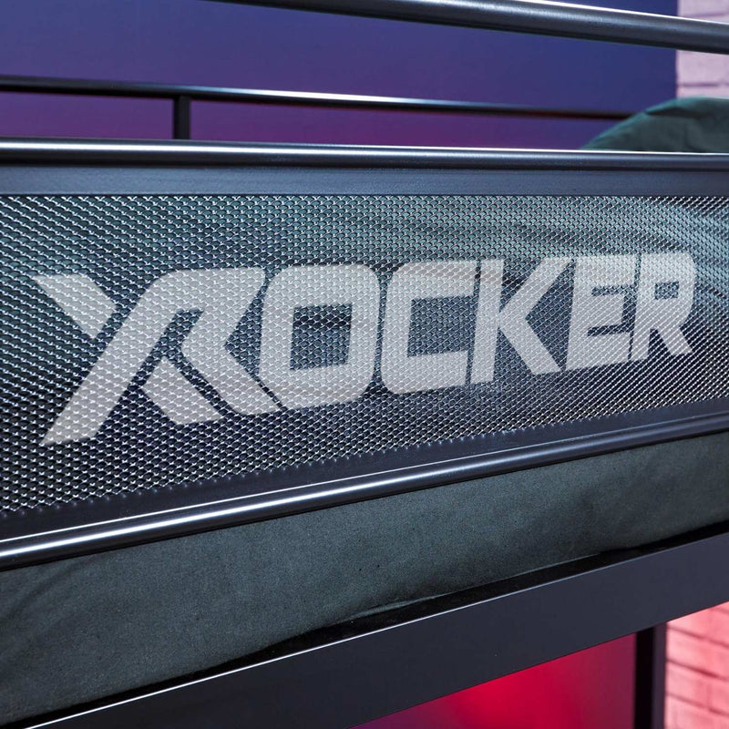 High sleeper loft bed close up featuring the X Rocker gaming bed branding.