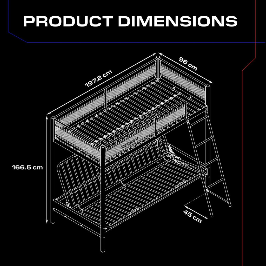 Dimensions of a high sleeper bunk bed with measurements in centimeters on a black background