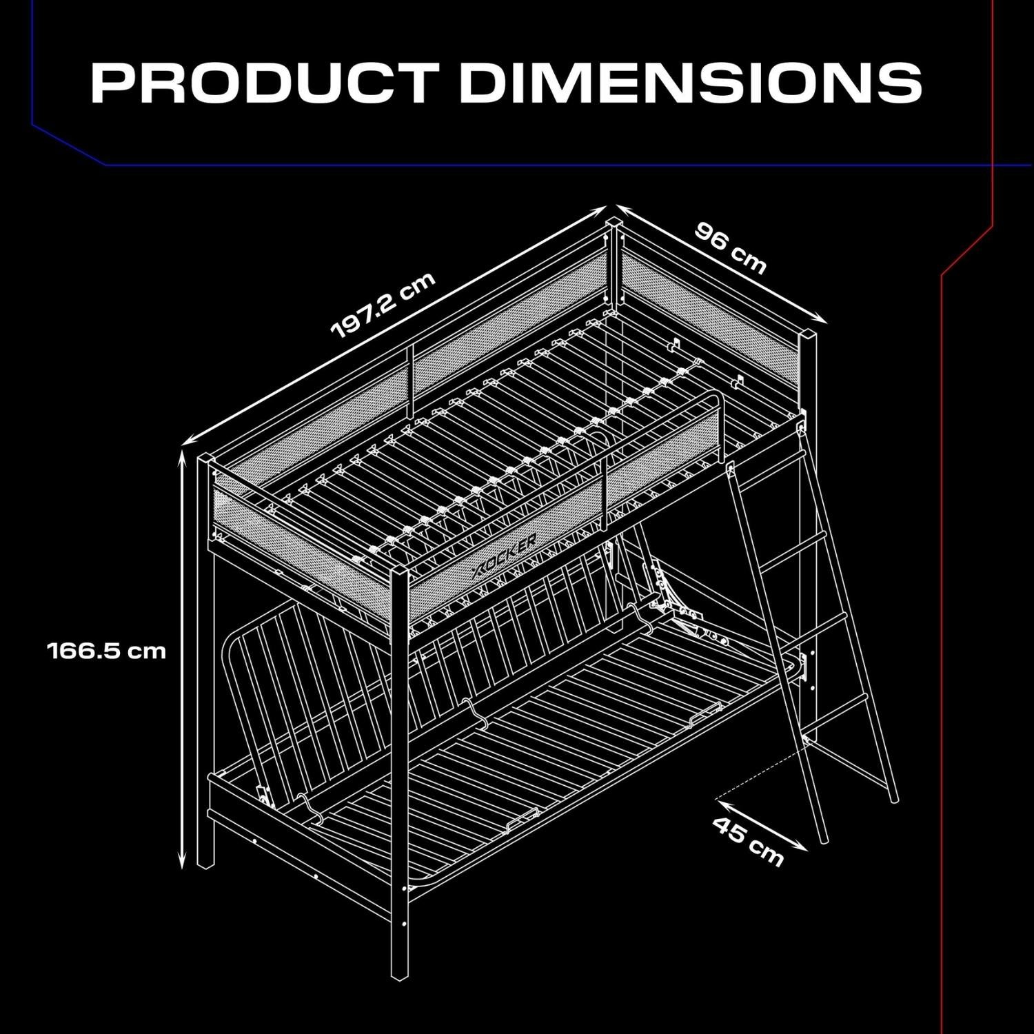Dimensions of a high sleeper bunk bed with measurements in centimeters on a black background