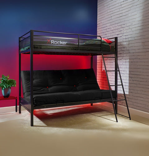 Black metal bunk bed with futon on a red and blue gradient wall.