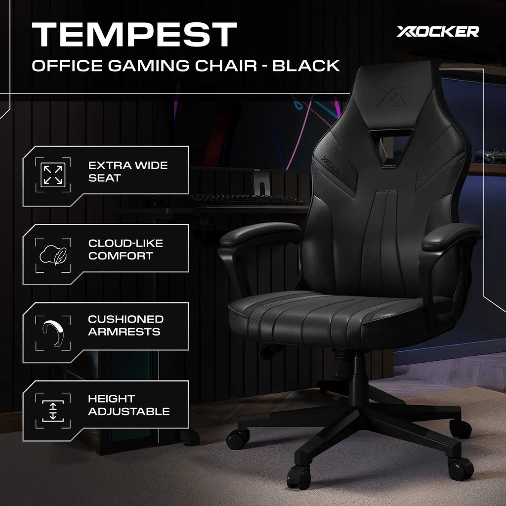 Black office gaming chair with X rocker branding and features listed on a dark background.