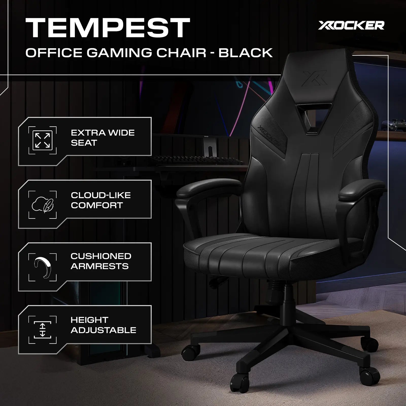 Black office gaming chair with X rocker branding and features listed on a dark background.