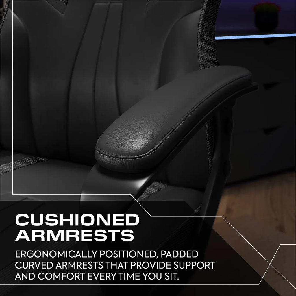 Black office chair with cushioned armrests and text highlighting comfort features.