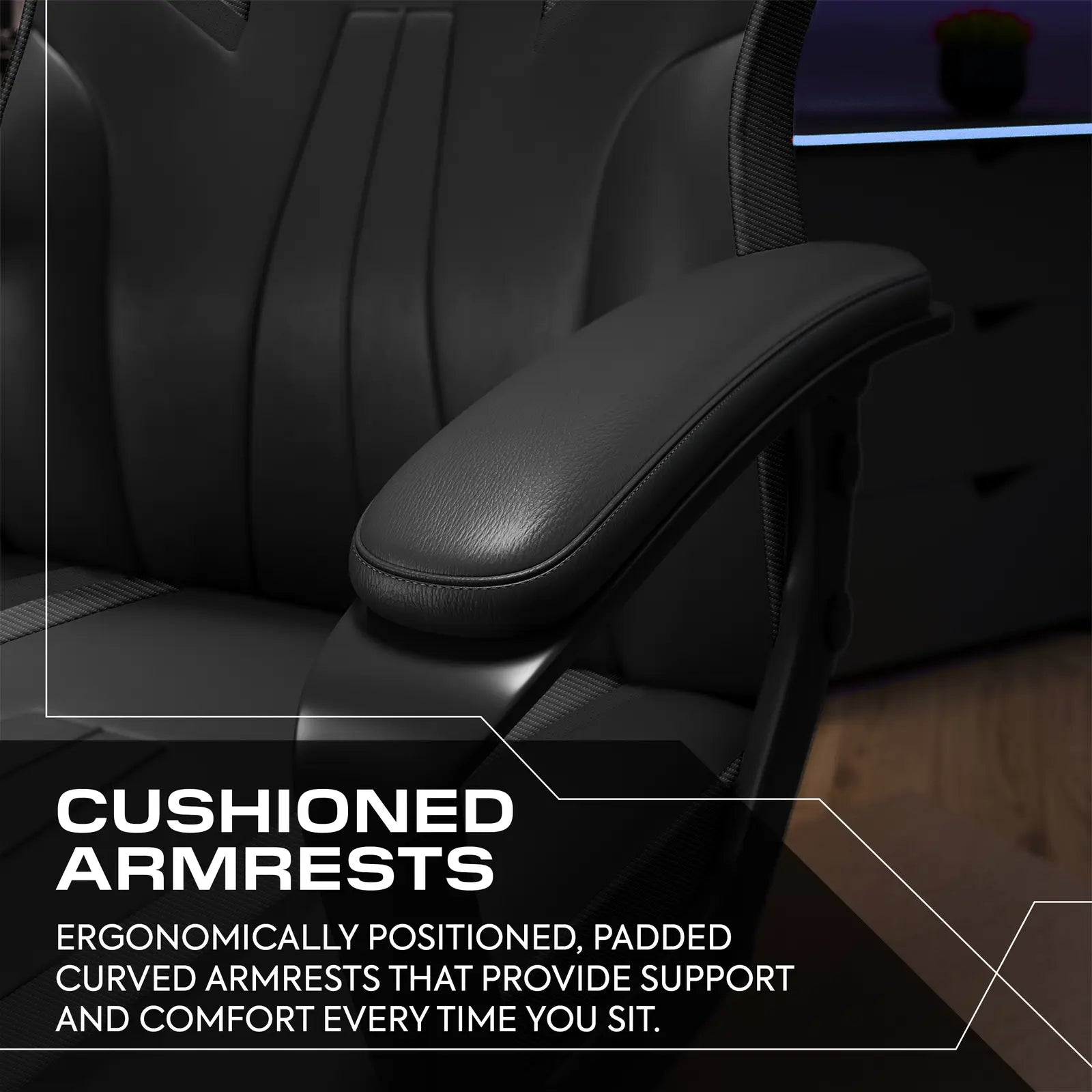 Black office chair with cushioned armrests and text highlighting comfort features.