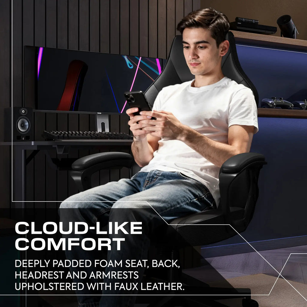 Person sitting in a gaming chair with text about cloud-like comfort