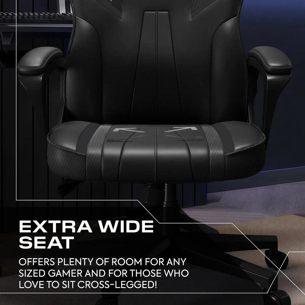 Black gaming chair with text highlighting its extra wide seat feature.