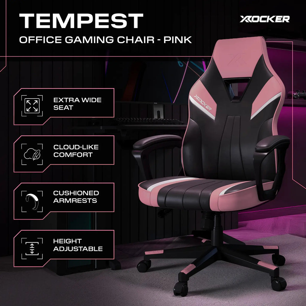 Pink and black gaming chair with X rocker branding, features listed on a dark background.