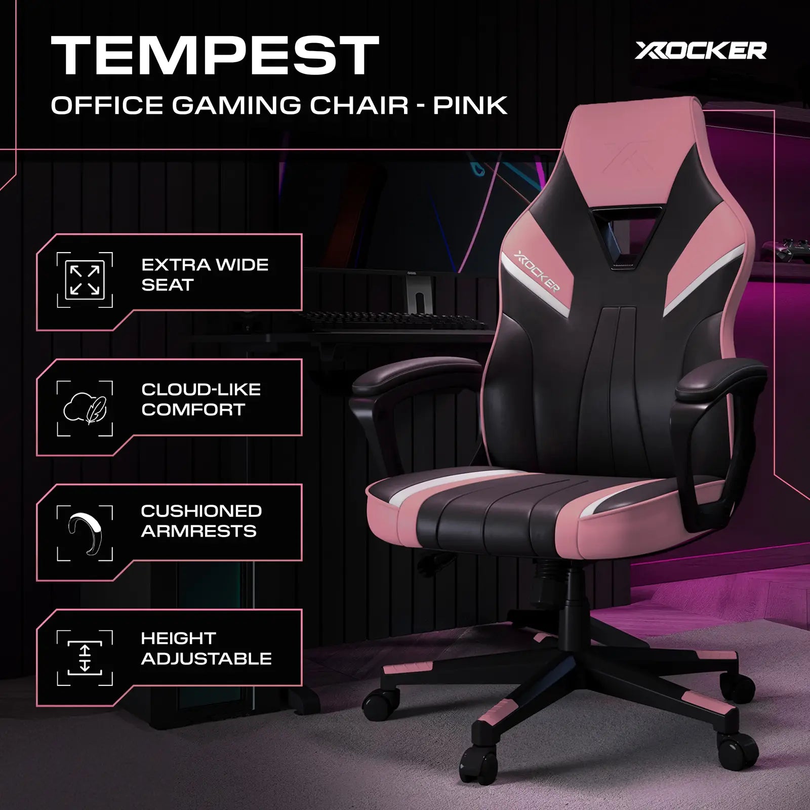 Pink and black gaming chair with X rocker branding, features listed on a dark background.
