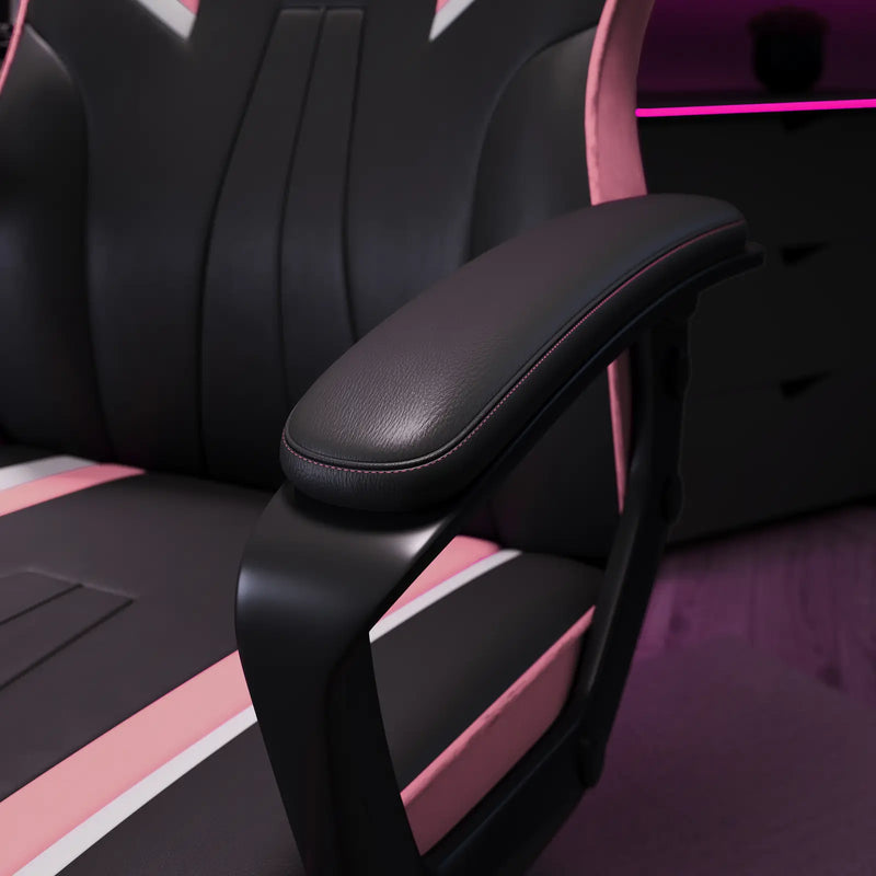 Close-up of a black and pink gaming chair with armrest