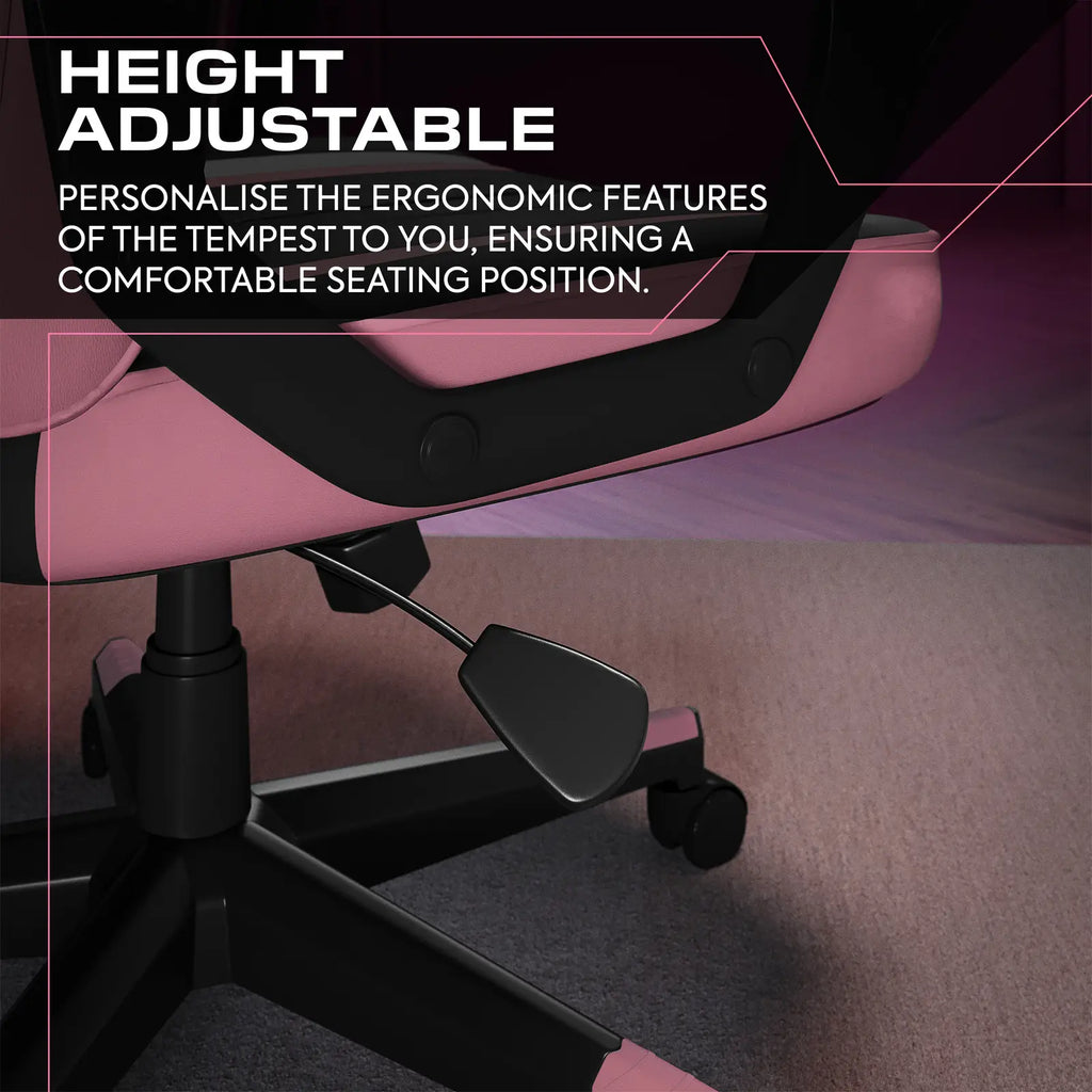 Pink office chair with height adjustment feature on a dark background