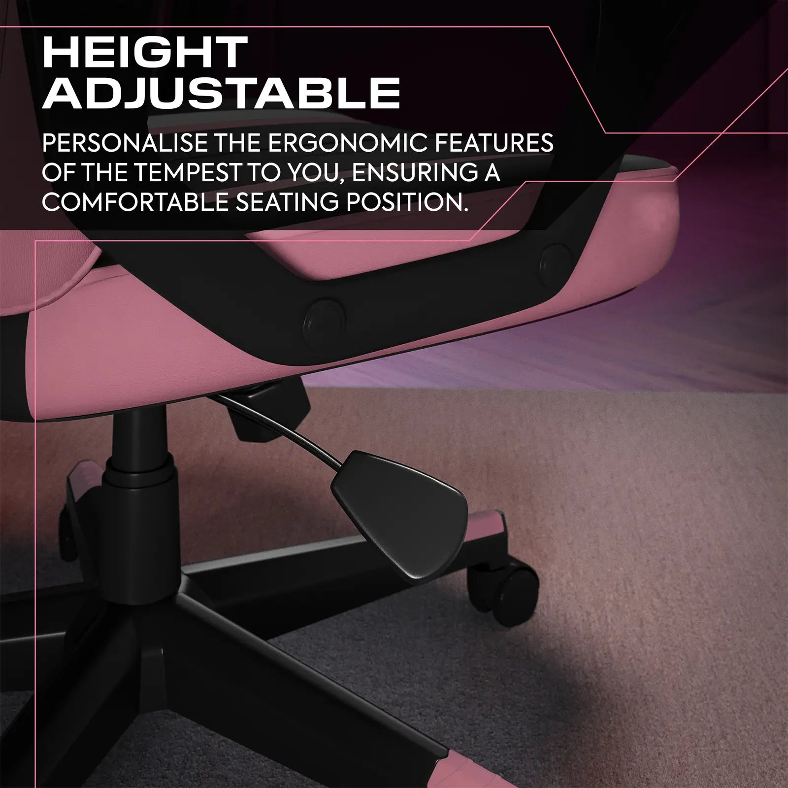 Pink office chair with height adjustment feature on a dark background