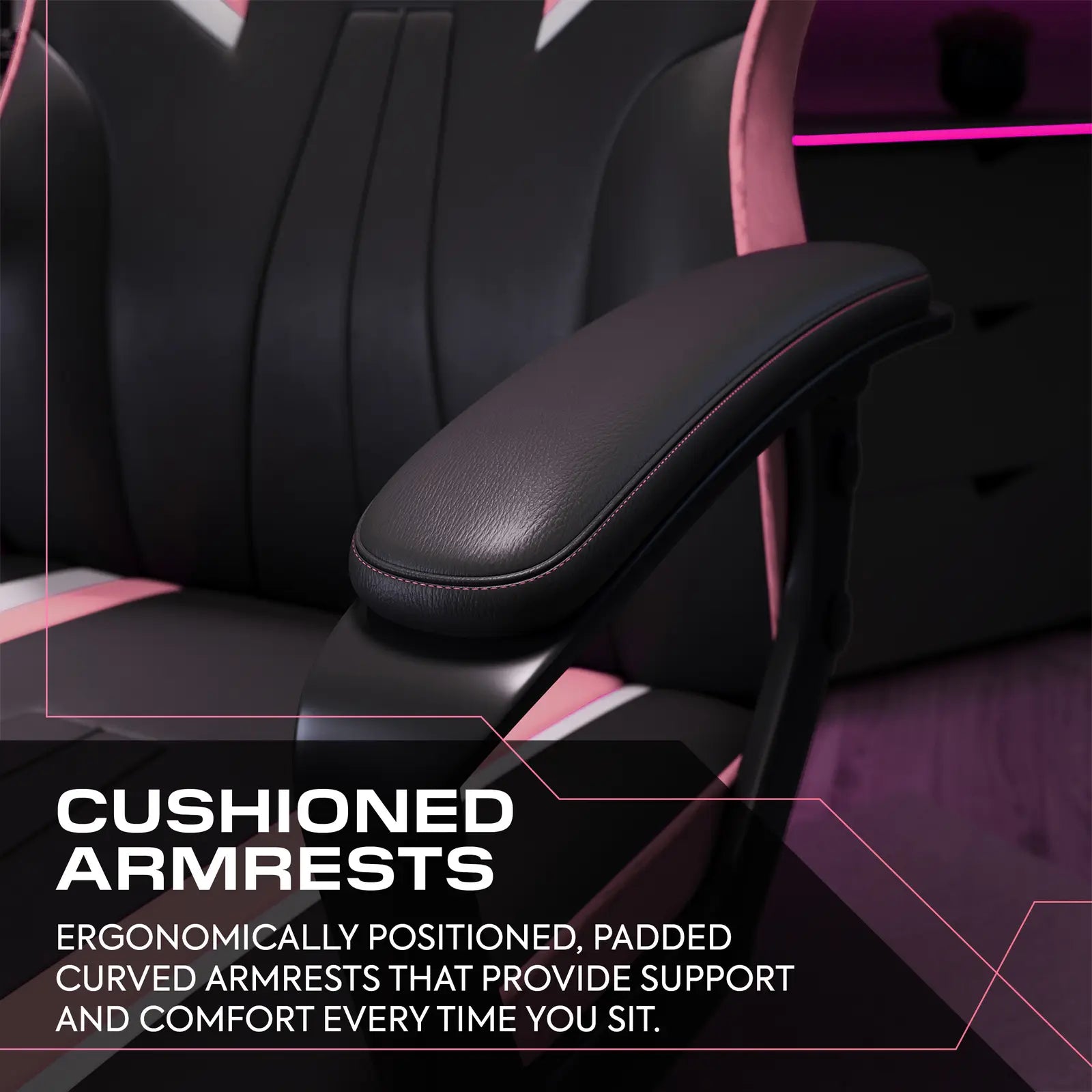 Gaming chair with cushioned armrests on a dark background