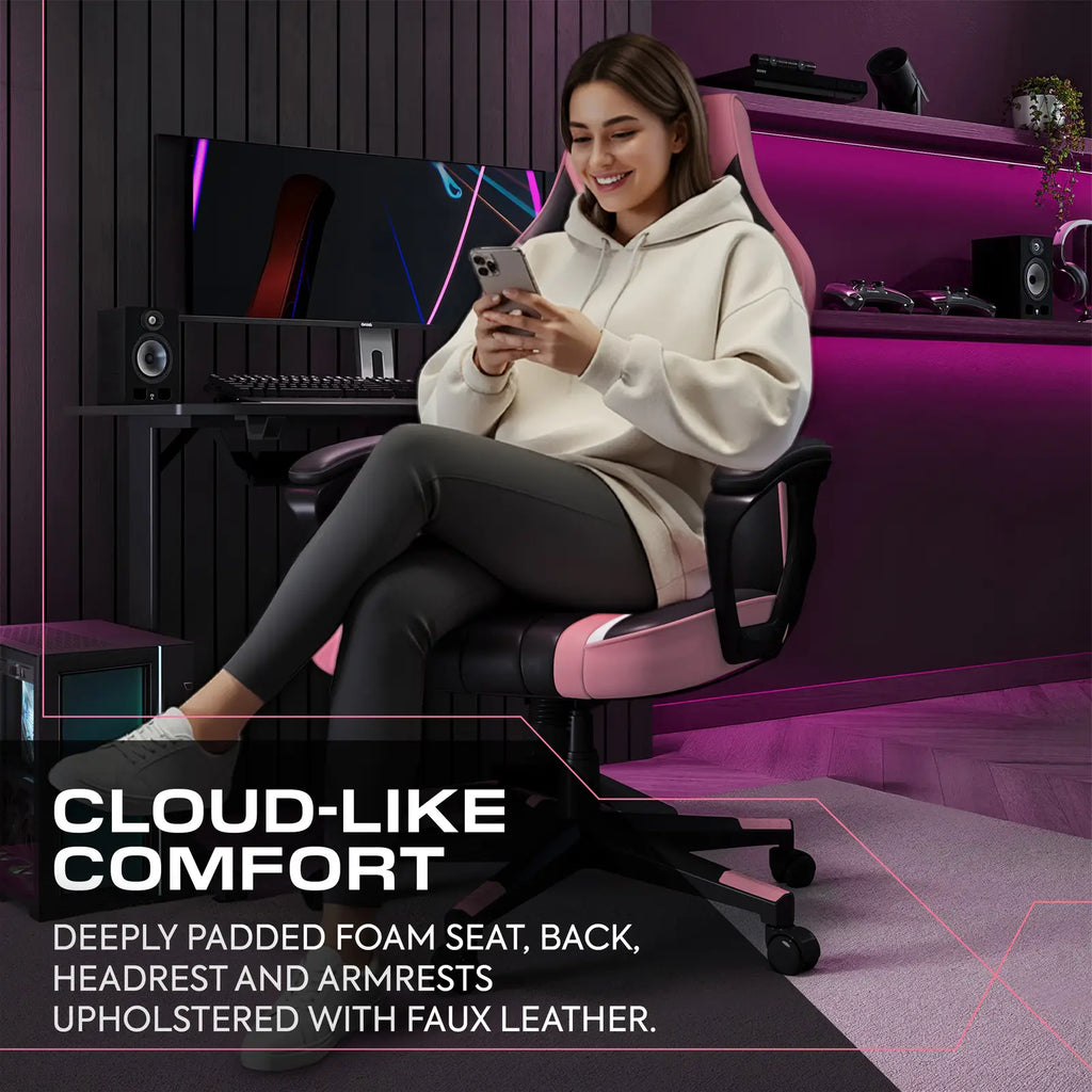 woman sitting on a gaming chair in a room with gaming setup, text about comfort.