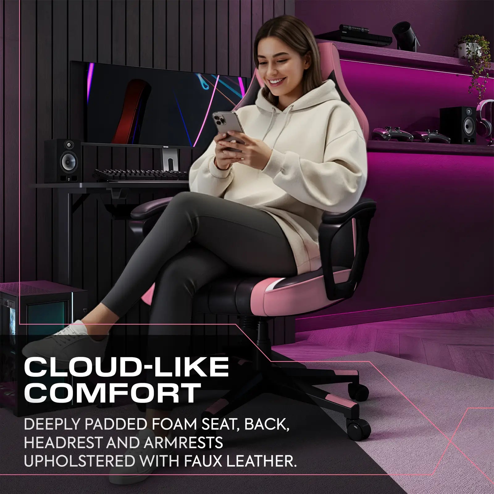woman sitting on a gaming chair in a room with gaming setup, text about comfort.